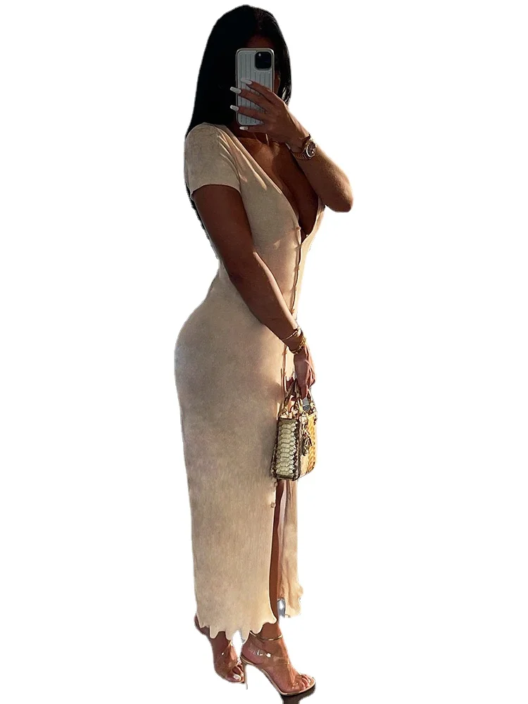 

Summer 2022 Knit Dress For Women Midi Dresses Sexy V Neck Button Up Robes Short Sleeve Streetwear Vintage Fashion Party Clothing