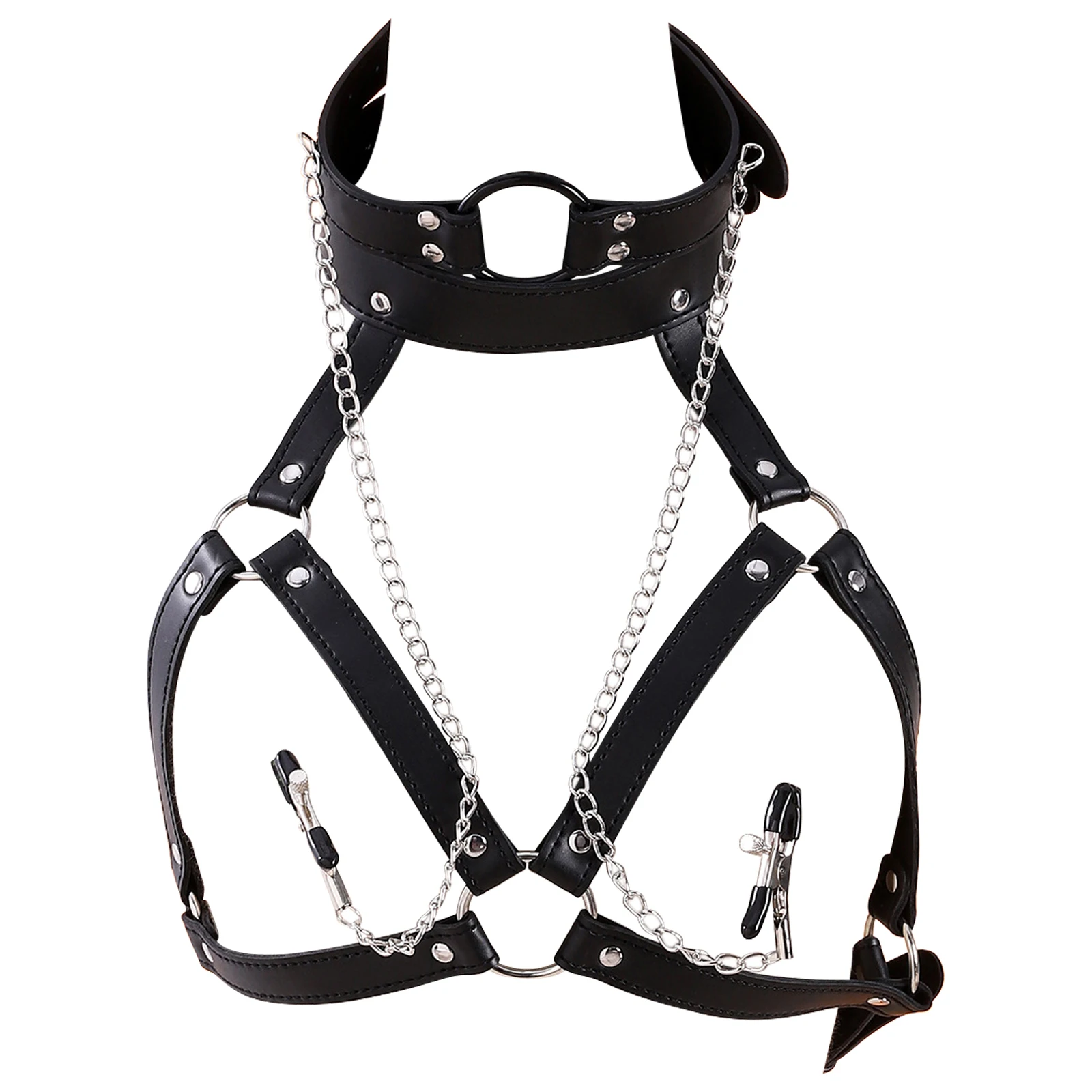 

Gothic Couples PU Leather Choker Collar With Nipple Breast Clamp Clip Chain Bondage Bra Tank Tops Harness Chest Straps Clubwear