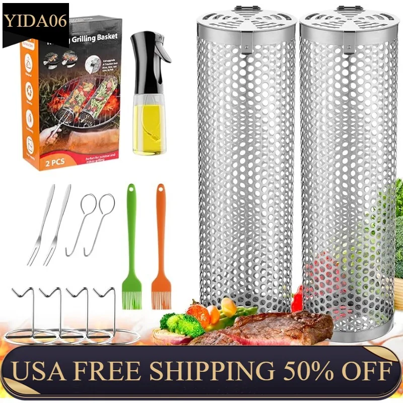 

Grill Basket - Outdoor Rolling BBQ Basket - 2 Pcs Stainless Steel Grill Mesh, Rolling Grill Baskets bbq accessories grill