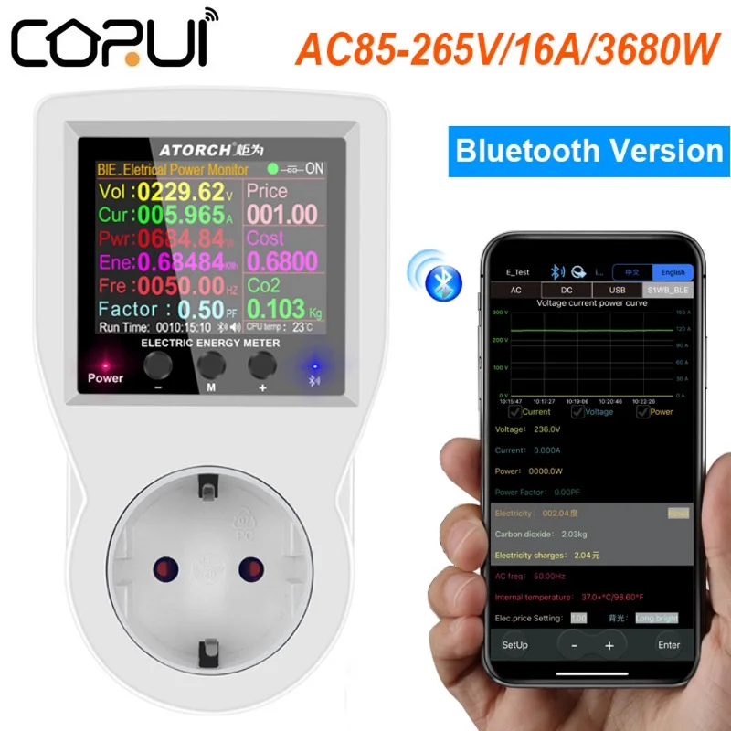 

CORUI Tuya EU Bluetooth Digital Wattmeter 220V AC Power Meter Smart Socket Electricity Consumption Kilowatt Meter Smart Home
