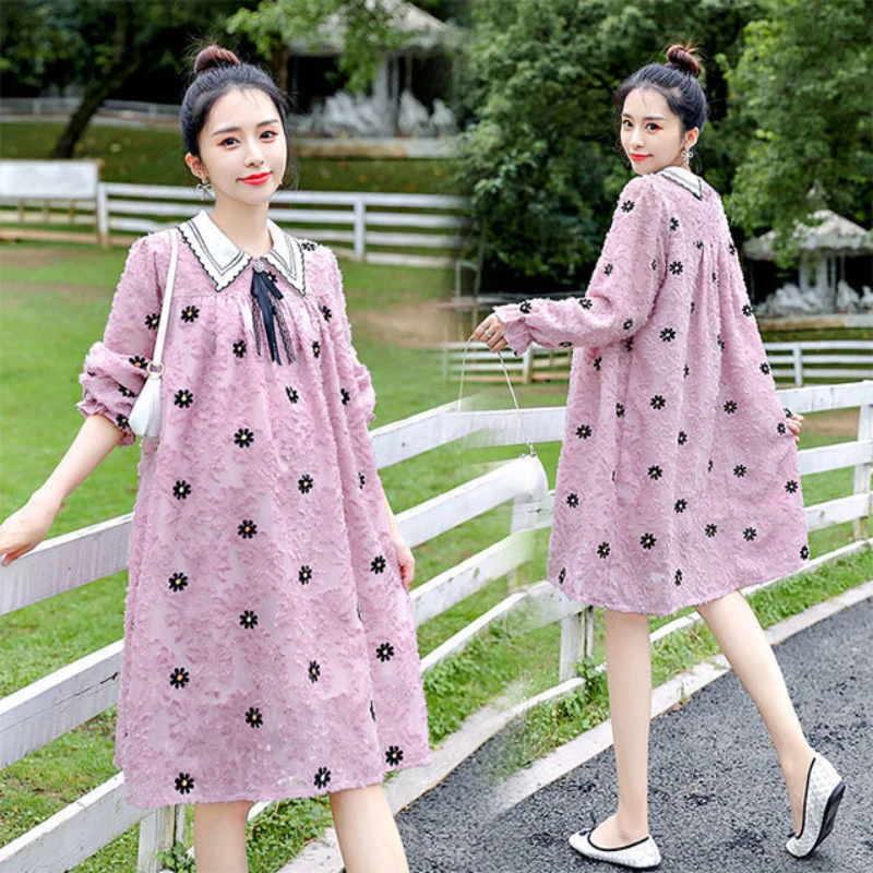 

2022 New Maternity Clothes Spring and Autumn New Style Temperament Sweet Leisure Loose Medium Length Dress
