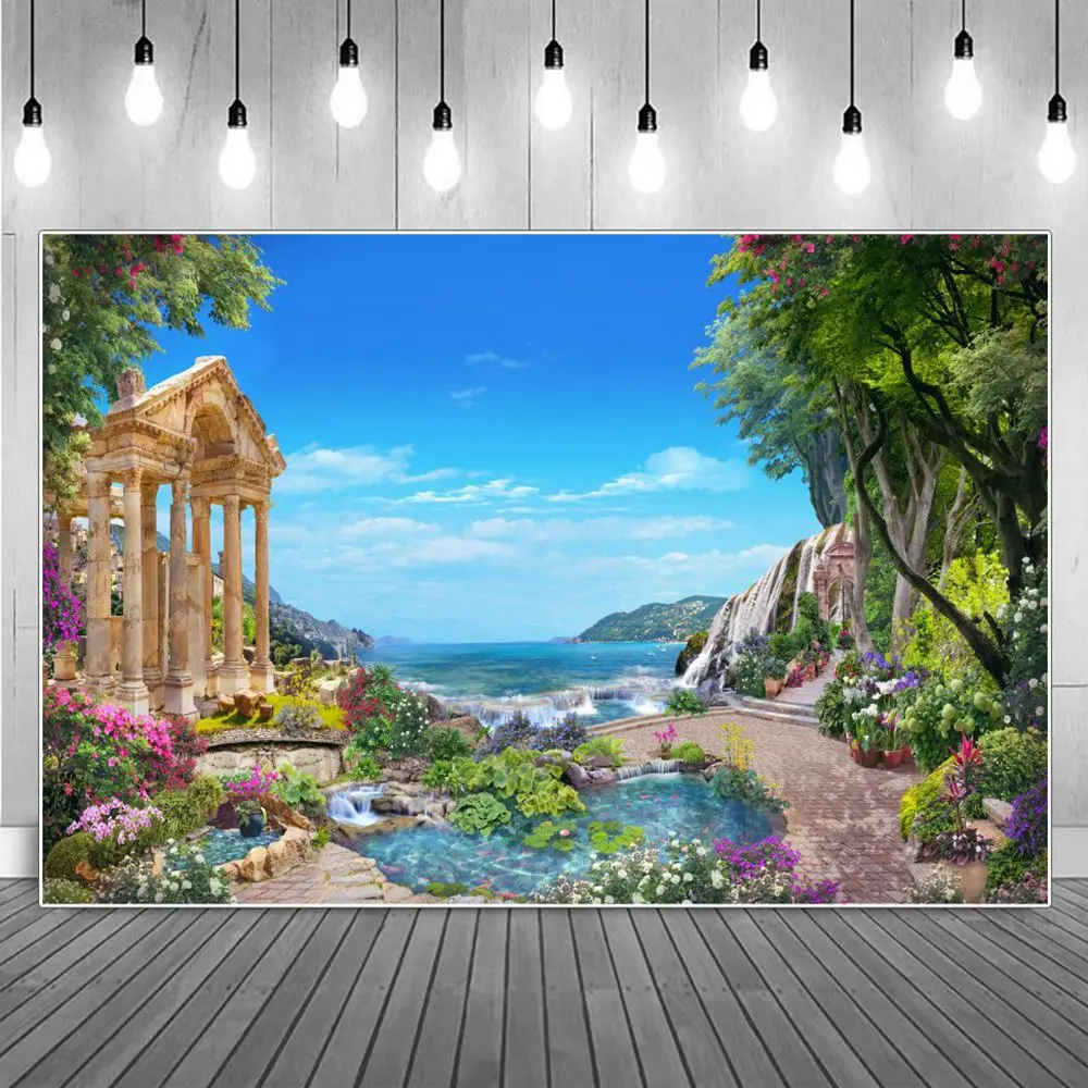 

Seaside Temple Ruins Garden Landscape Holiday Party Photography Backdrops Flowers Fish Pool Pathway Decoration Photo Backgrounds