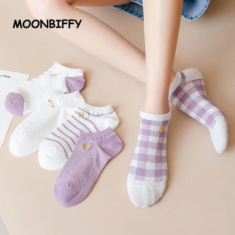 

Purple Women's Socks Thin Summer Shallow Mouth JK Japanese Sock Cute Sweet Embroidered Invisible New Socks for Girls Calcetines
