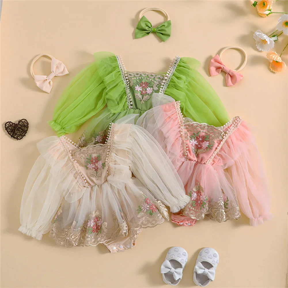 

Princess Newborn Baby Girls Spring Summer Rompers Dress Kids Elegant Lace Flower Embroidery Jumpsuits Tulle Dress Headwear
