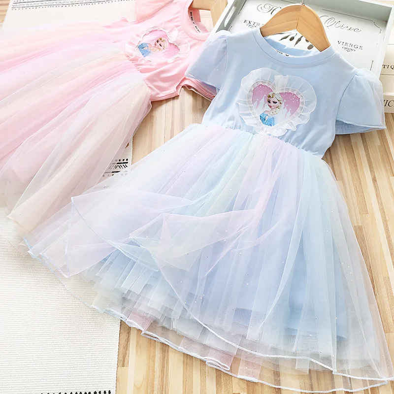 

2022 Summer Love Heart Elsa Princess Dress For Girls 2-7 Years Casual Breathable Short Sleeve Mesh Dresses Novel Disney vestidos