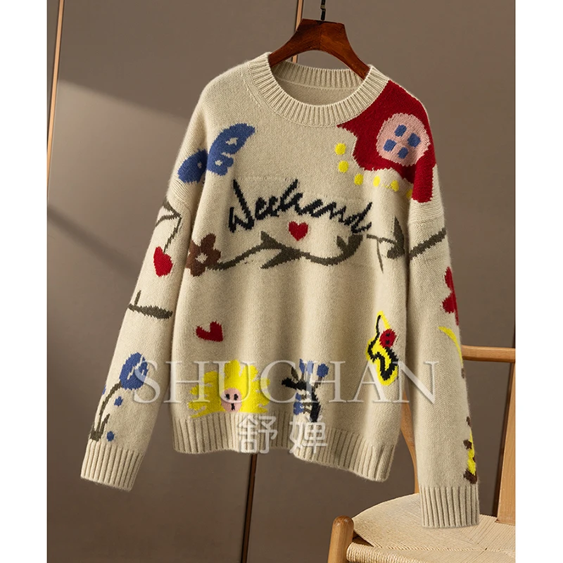 Жаккардовый 100% кашемировый свитер с круглым вырезом и длинными рукавами женский