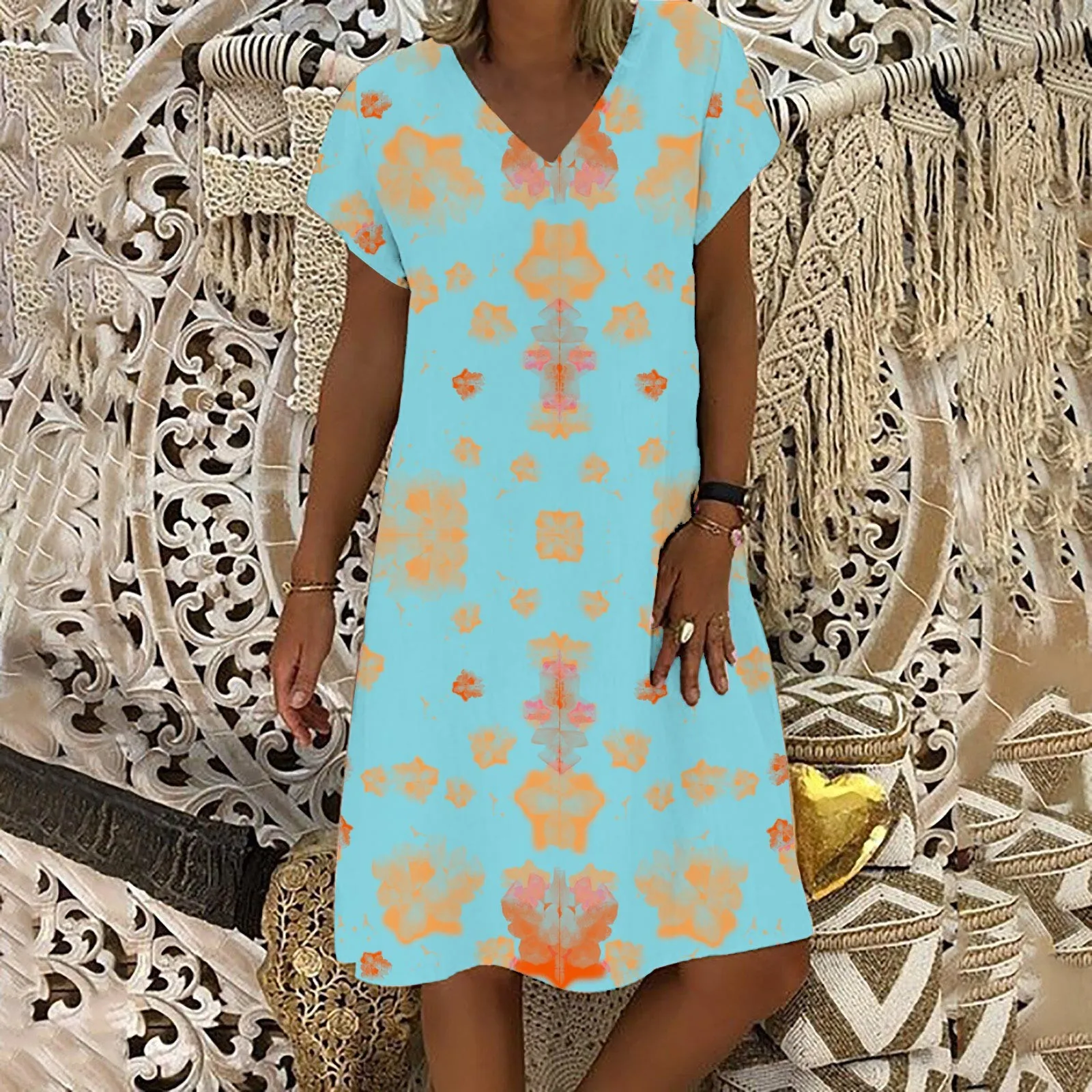 

Платье женское летнее повседневное с принтом и V-образным вырезом