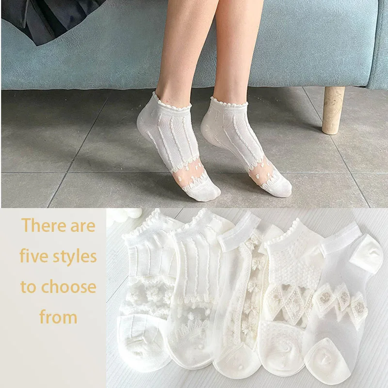 5pairs=10pcs Women Summer Thin Hollow Crystal Socks Cool Breathable Flowers White Invisible Boat Socks Mesh Ultra-thin Socks