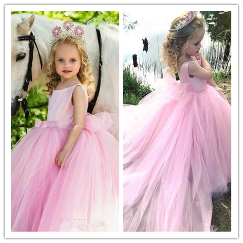 

Pink Tulle Flowers Girls Dresses Jewel Puffy Princess Pageant Country Gowns For Wedding Evening Bridesmaid First Communion Dress