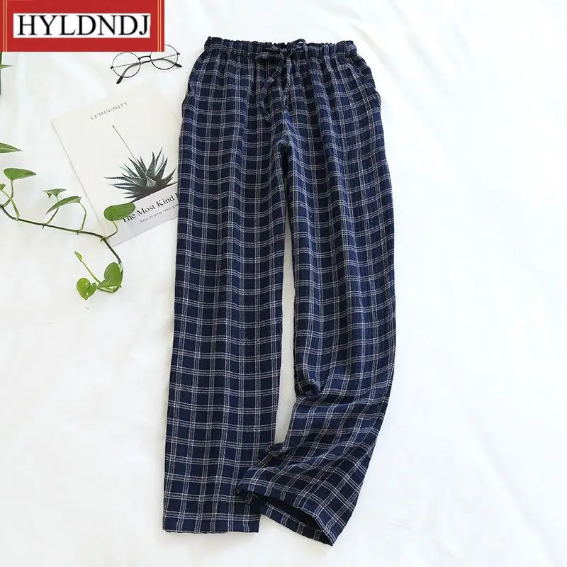 Women Men 100% Cotton Yarn Home Clothes Elastic Waist Sleepwear Couple Japanese Sleep Bottoms Plaid Simple Lattice Pajama Pants