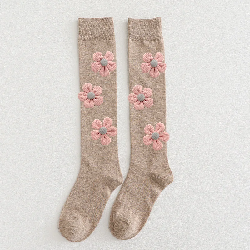 3pairs/ 6pcs PINK Flowers Ladies Knee High Socks Women student Socks School Party Street Dancing Knee Sock For Women Eur 36-40