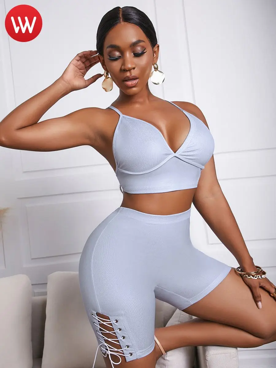 

LW Повседневный бандажный комплект из двух предметов в рубчик с вырезами и шортами светло-серого цвета