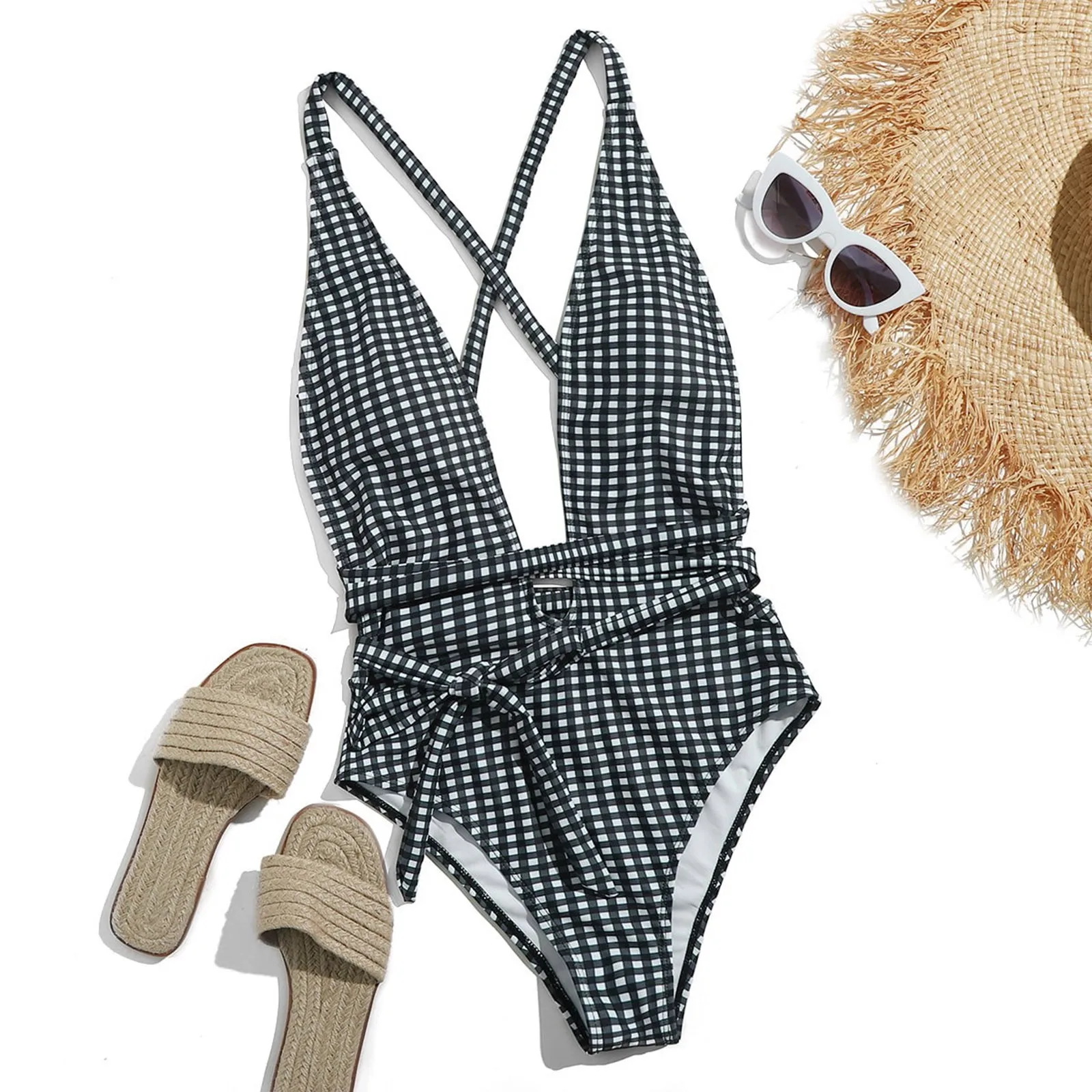 

Plaid Swimsuit Summer Beachwear For Women Sexy Depp V-neck One Piece Swimsuit Sleeveless Ladies Bathing Suit Hollow Out Swimwear