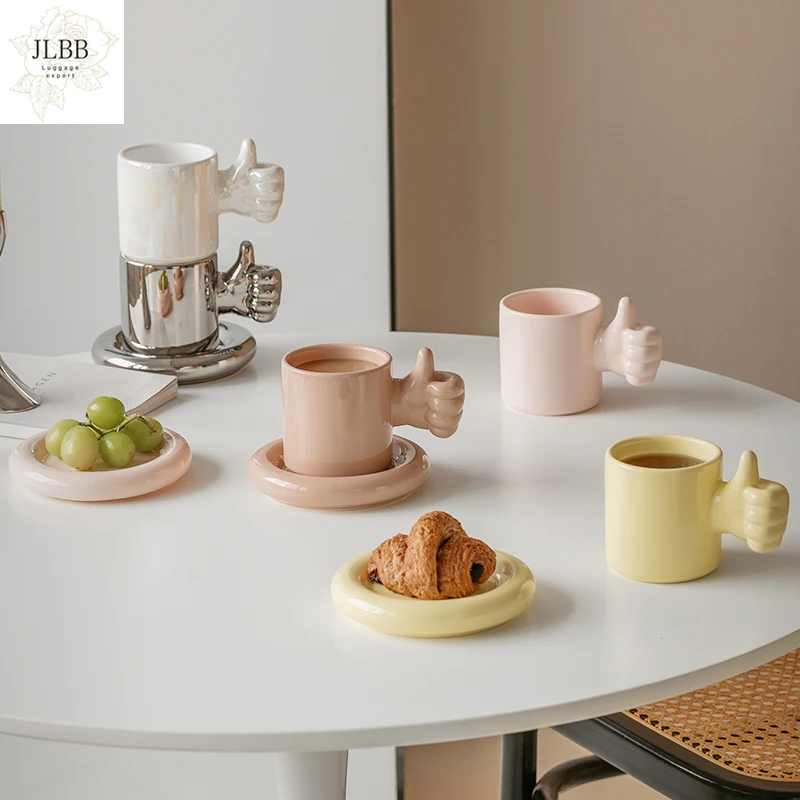 

Creative Hand Cup and Saucer Ceramic Coffee Mug With Round Dish Personalized Tea Cup Set Funny Gift For Him Her Office Drinkware