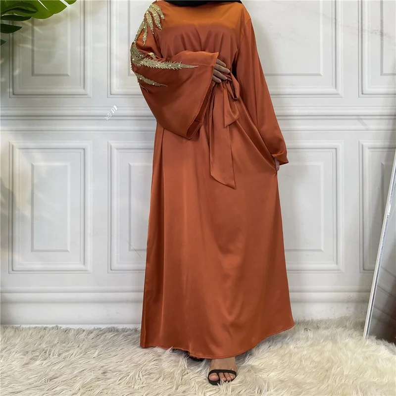 Soft Satin Abaya Maxi Dress Women Muslim Fashion Appliques Long Flare Sleeve Belted Hijab Dresses Dubai  Africa Clothes Ramadan
