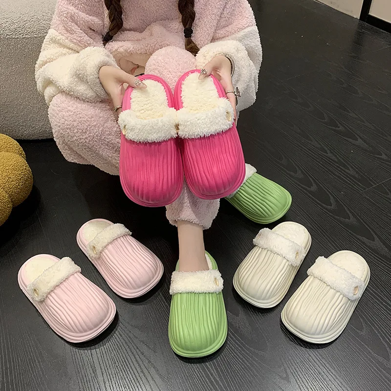 

Shoes Plush Slippers For Adults Platform Slides Med Fur Flat Massage PU Rome with fur Basic Short Flat Shoes Female Womens Slipp