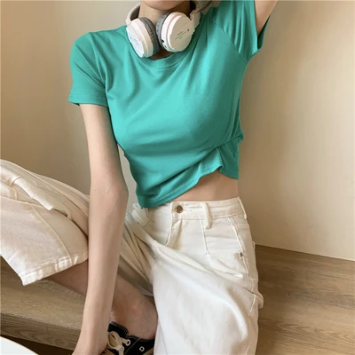

2022Slim Back Hollow Banding Waist Top Loose Casual Sports Women's Summer Short Sleeve T-Shirt Slim Fit