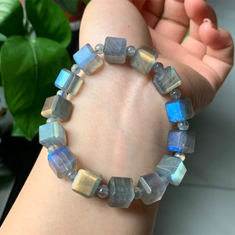 

1 Pc Fengbaowu Natural Grey Moonstone Labradorite Cube Bracelet Crystal Reiki Healing Stone Fashion Jewelry Gift For Women Men