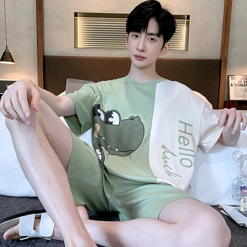 L-3XL Summer Men's Pajamas Set Korean Loose Sleepwear Pyjama Suit Leisure wear Male Loungewear Cartoon Dinosaur Short Sleeves