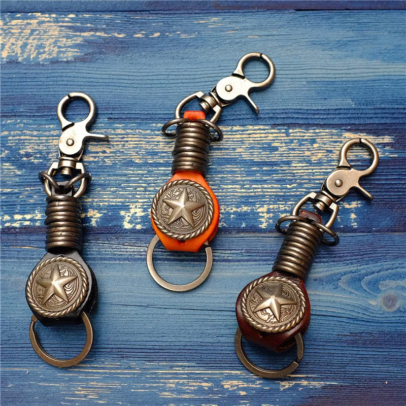 

Creative Star Pattern Leather Keychain Handmade Vintage Pentagram Key Rings Cars Backpack Pendant Accessories Wholesale