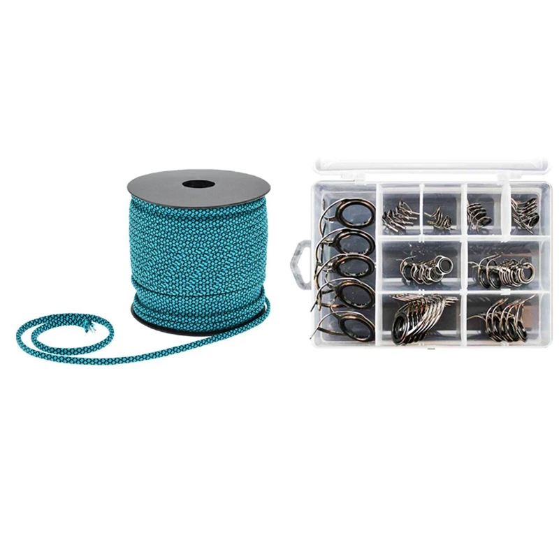 

40 Pcs/Set Fishing Rod Guides Tip 8 Sizes Pole Repair Kit Line Rings & 1X 50M Reflective Paracord 4Mm 7 Strand Core