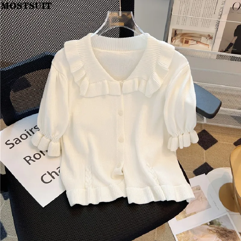 

Женский однобортный трикотажный свитер с оборками, свободный однотонный белый джемпер с коротким рукавом, лето 2023