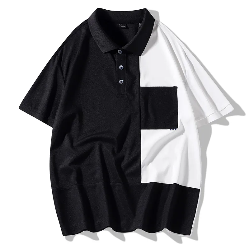 

WOODVOICE Mens POLO Shirt Fashion Splicing Casual Lapel Button Summer Male Short-sleeved Loose Spelling Color POLO Shirt for Men