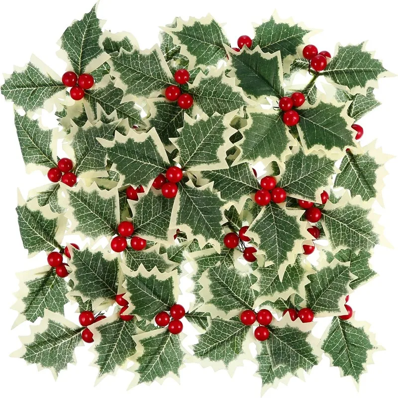 5/10pcs Artificial Holly Berry with Green Leaves for Christmas Wreath Arrangement Cake Toppers Craft Wedding Party Decorations