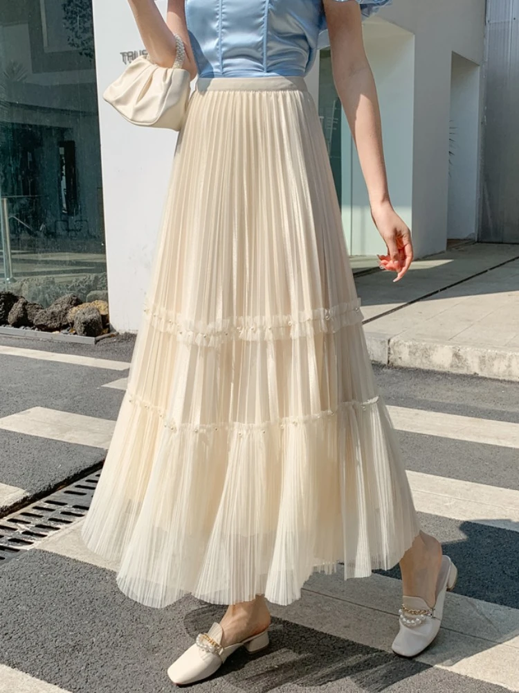 

FTLZZ летняя элегантная женская кружевная сетчатая юбка в складку, повседневная женская Свободная плиссированная трапециевидная юбка миди с ...