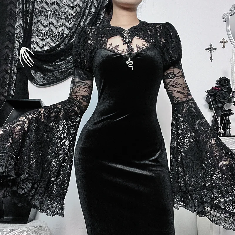 

Goth Dark Sling V-neck Elegant Mall Gothic Trumpet Dresses Vintage Grunge Women Lace Sheer Crop Shrug Top Emo Evening Alt Outfit