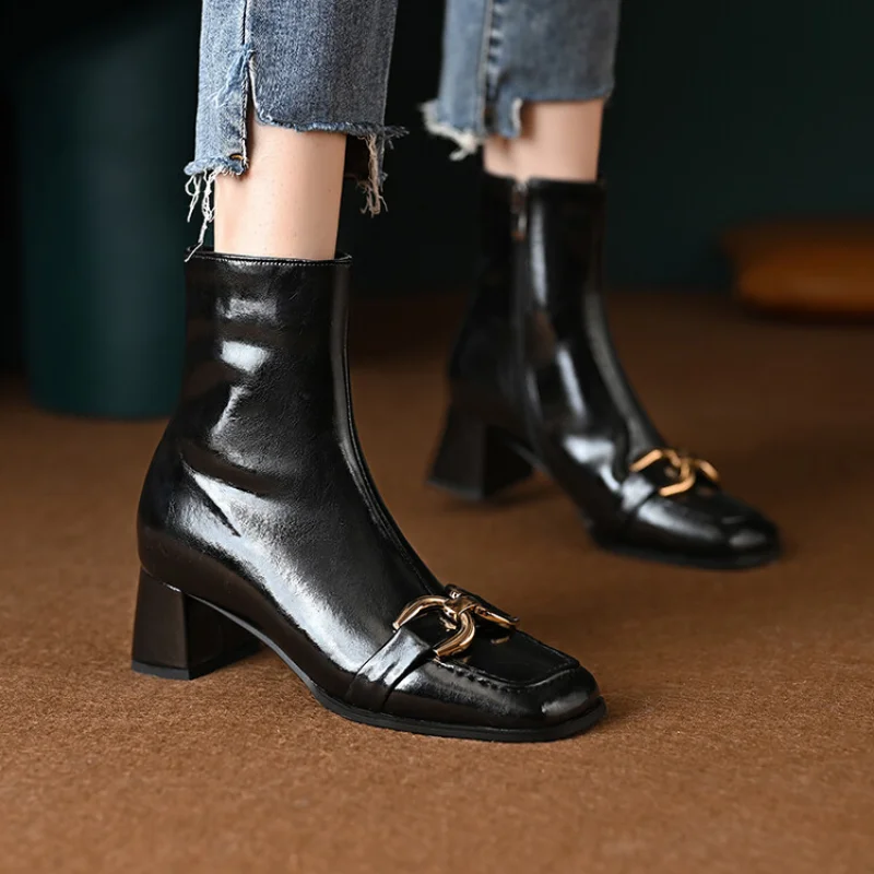 Leather All-match Chelsea Ankle Boots Women 2023 New Single Boots Thick Heel Square Head Horse Buckle Boots Women 22-56