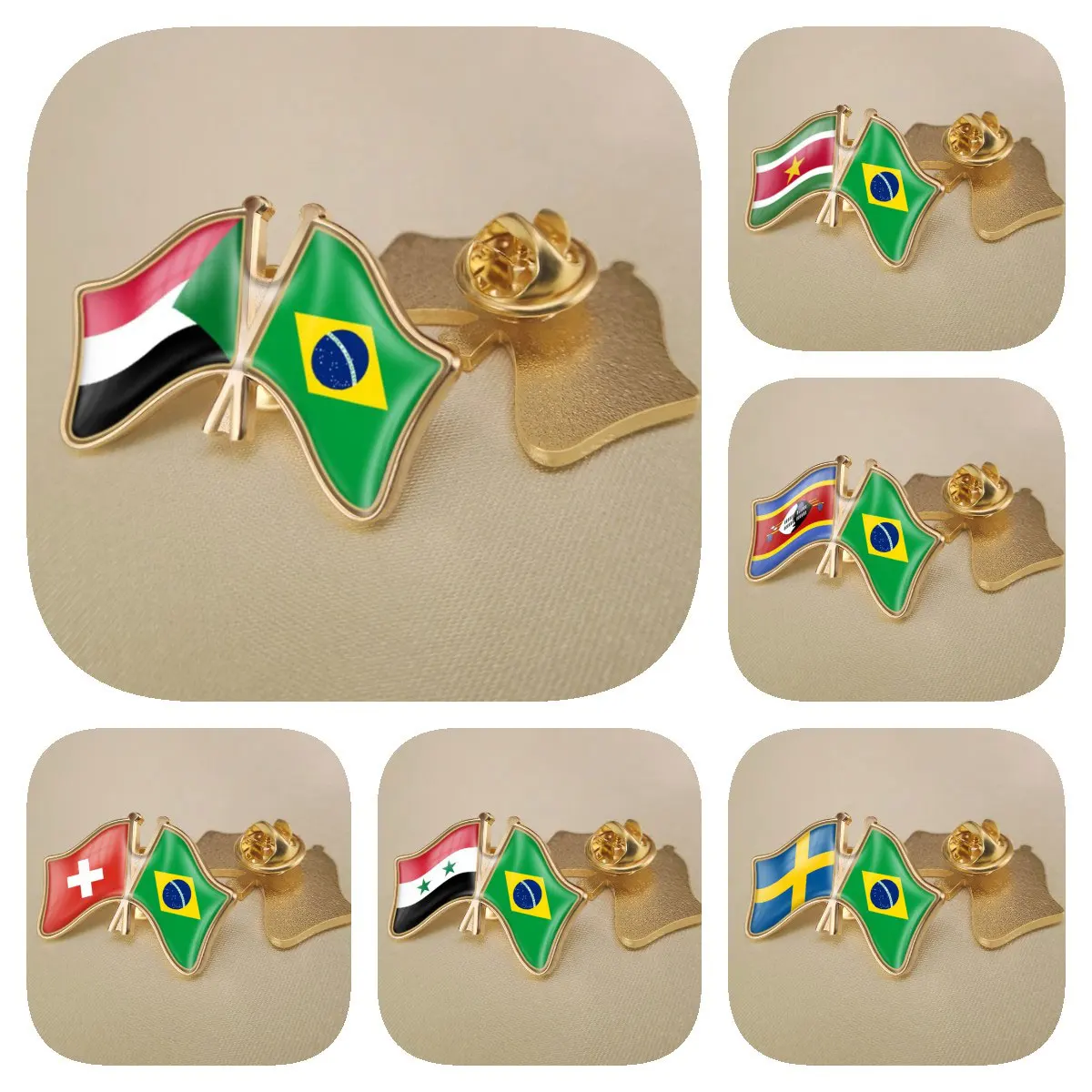 

Brazil and Sudan Suriname Swaziland Sweden Switzerland Syrian Arab Republic Double Crossed Friendship Flags Lapel Pins Bradges
