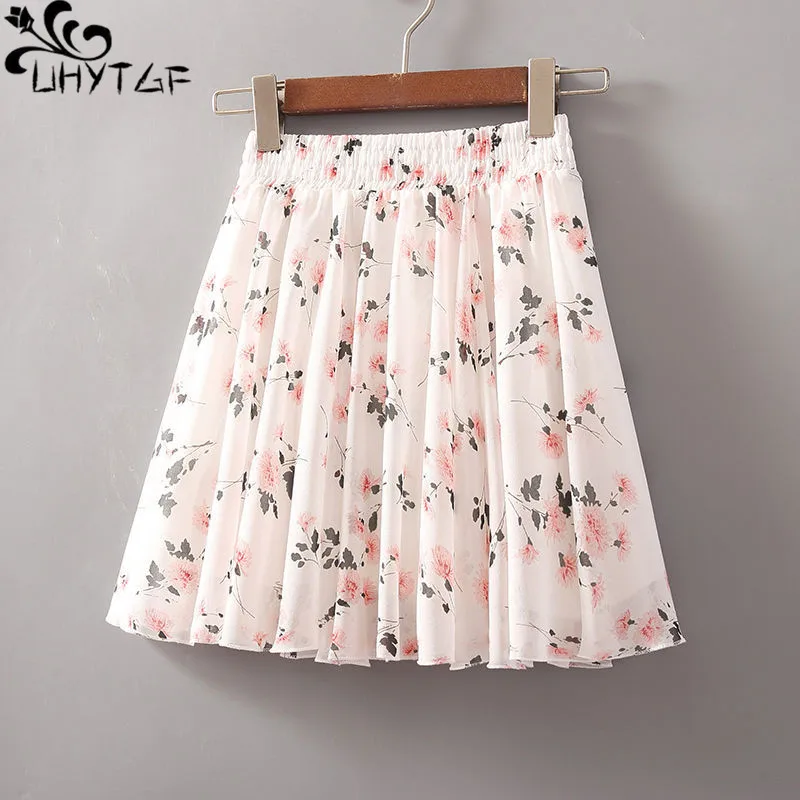 

UHYTGF Chiffon Short Skirt Women Small Floral Summer Elastic Waist High Waist Korean Large Swing Umbrella Skirt Women Skirt 196