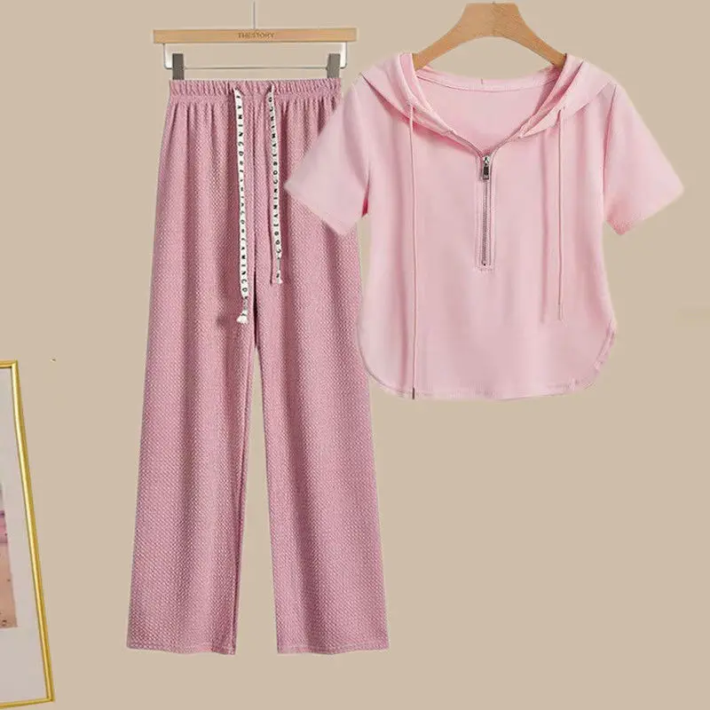 

Односпальный комплект, прямые широкие брюки с буфами + хлопковая футболка с капюшоном и коротким рукавом, Новая повседневная мода из двух предметов