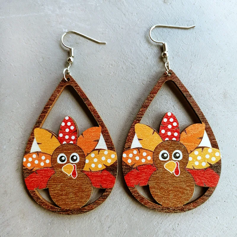 

Thanksgiving Turkey Earrings Water Drops Polka Dots Rugby Football Sports Wooden Earrings Thanksgiving Earrings