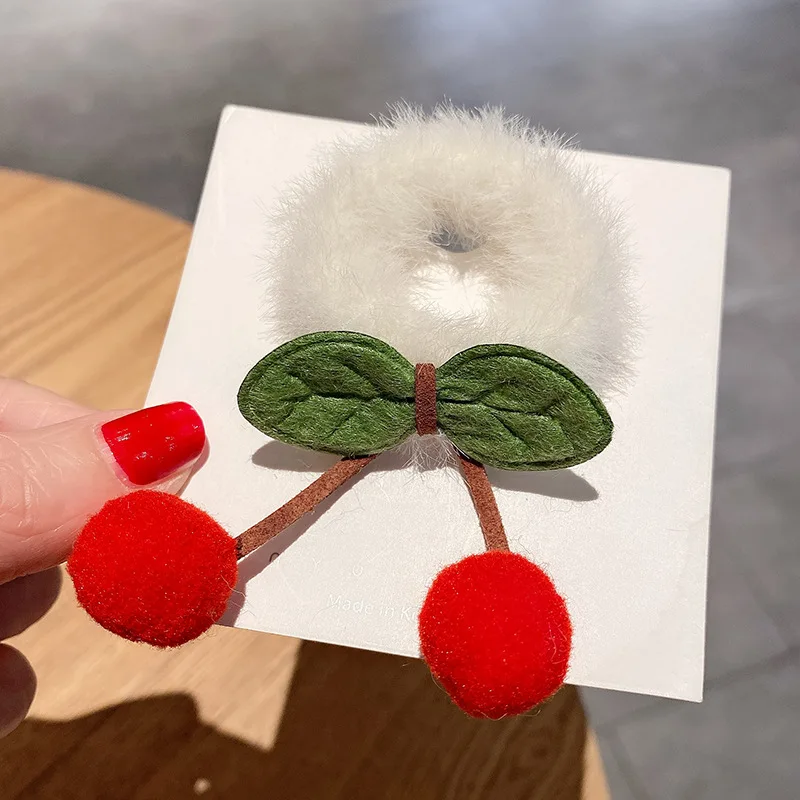 

1/2pcs/lot Red Cherry Elastic Hair Rings Girls Plush Hair Ring Cute Sweet Elastic Multi-colored Headwear Korean Hair Accessories