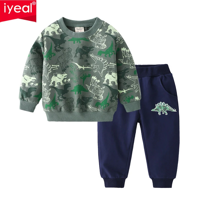 

Весенне-осенний хлопковый комплект одежды IYEAL в стиле милитари, зеленый Камуфляжный свитшот и брюки, повседневный комплект из 2 предметов с рисунком динозавра