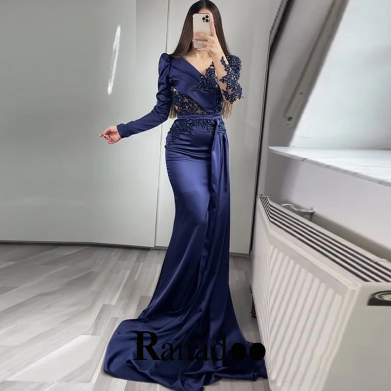 

Elegant Beaded Long Sleeves Pleats Mermaid Evening Dresses Satin V Neck Court Train Robes De Soirée Personalised