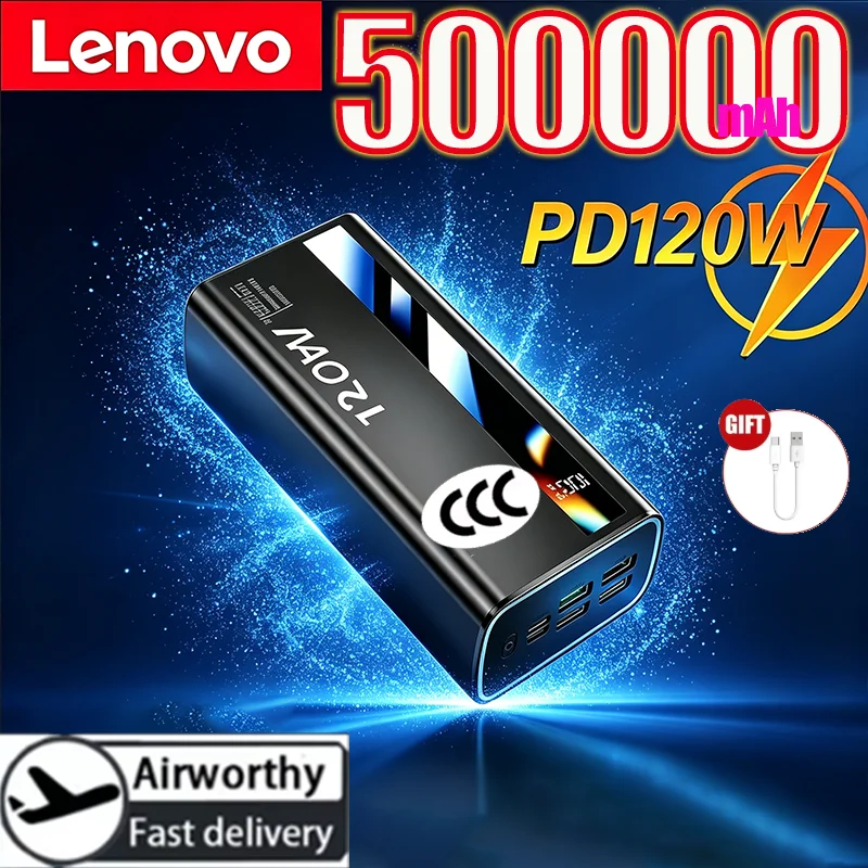 Фото Портативный внешний аккумулятор Lenovo 120W 500000mAh с высокой емкостью и сверхбыстрой зарядкой для iPhone Samsung 2026 New №1