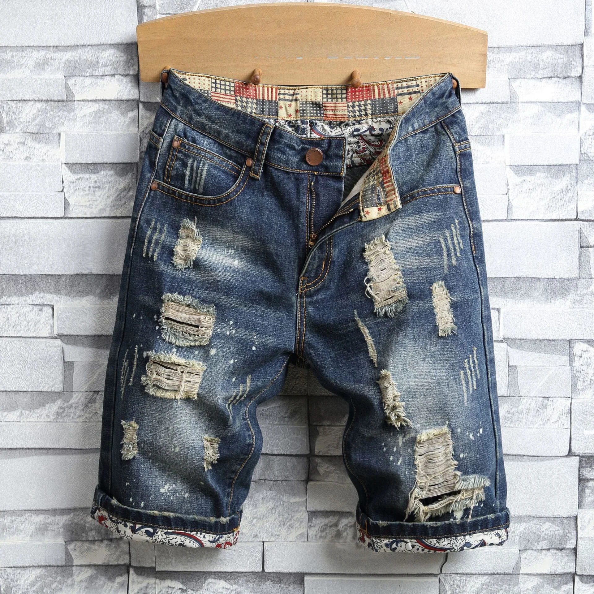 Hole Vintage Men Jeans Shorts Denim Distressed Knee Length Pockets Spliced Cuffs Skinny Washed Punk Style Ripped Mid Waist 2025