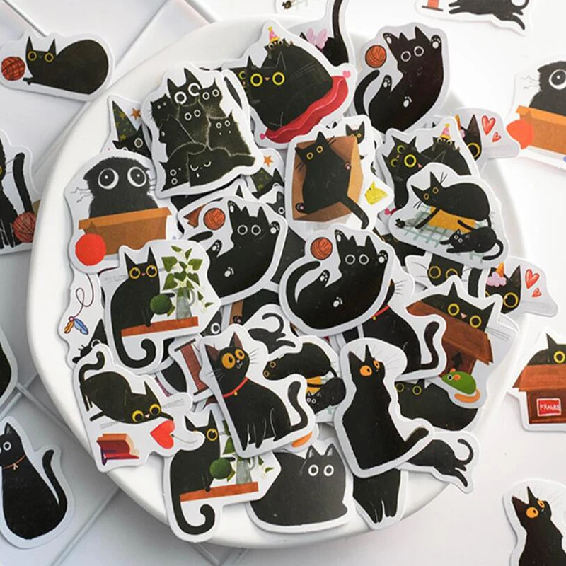 

46pcs/box Kawaii Mr Black Cat Stickers DIY Scrapbooking Journal Planner Stickers Index Label Korean Stationery Gift Sealing Tags