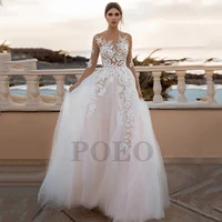 elegant wedding dress o neck buttons exquisite appliques long sleeve tulle princess mopping gown vestido de novia for women