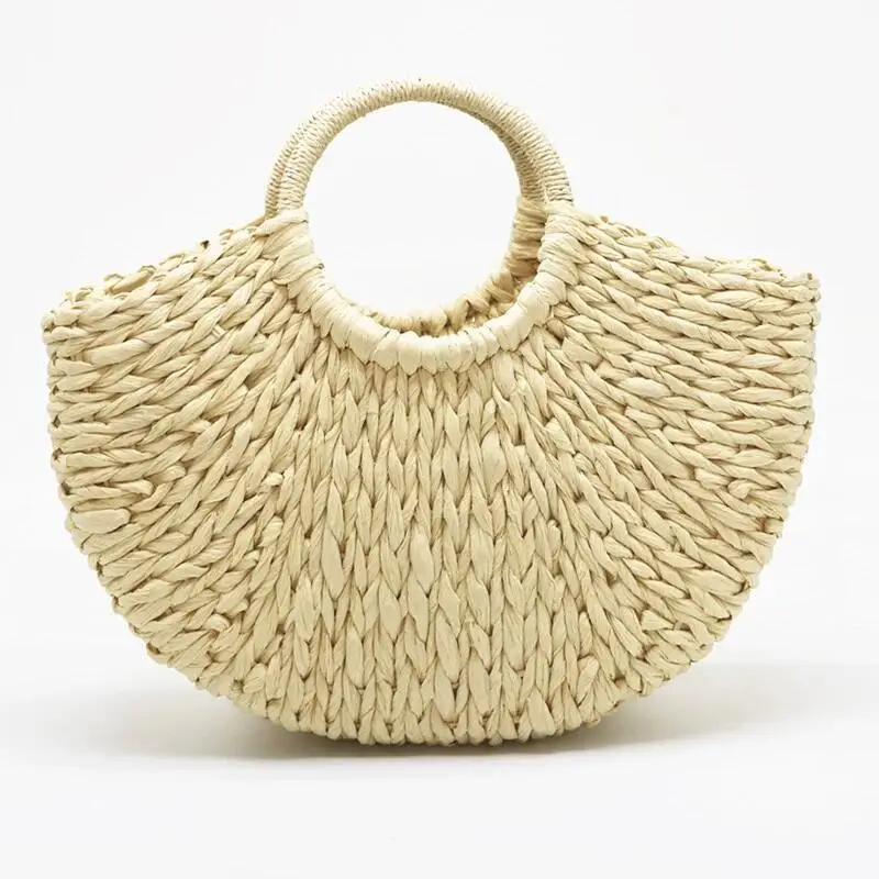 

2023 new Handmade Bag Women Pompon Beach Weaving Ladies paper Straw Bag Wrapped Beach Bag Moon shaped Tote Bag