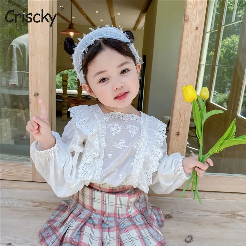 

Criscky Korean Baby Girls Solid Ruffles Blouses 2020 Spring Toddlers Children Tops Hollow Out Puff Sleeve Kids Shirts