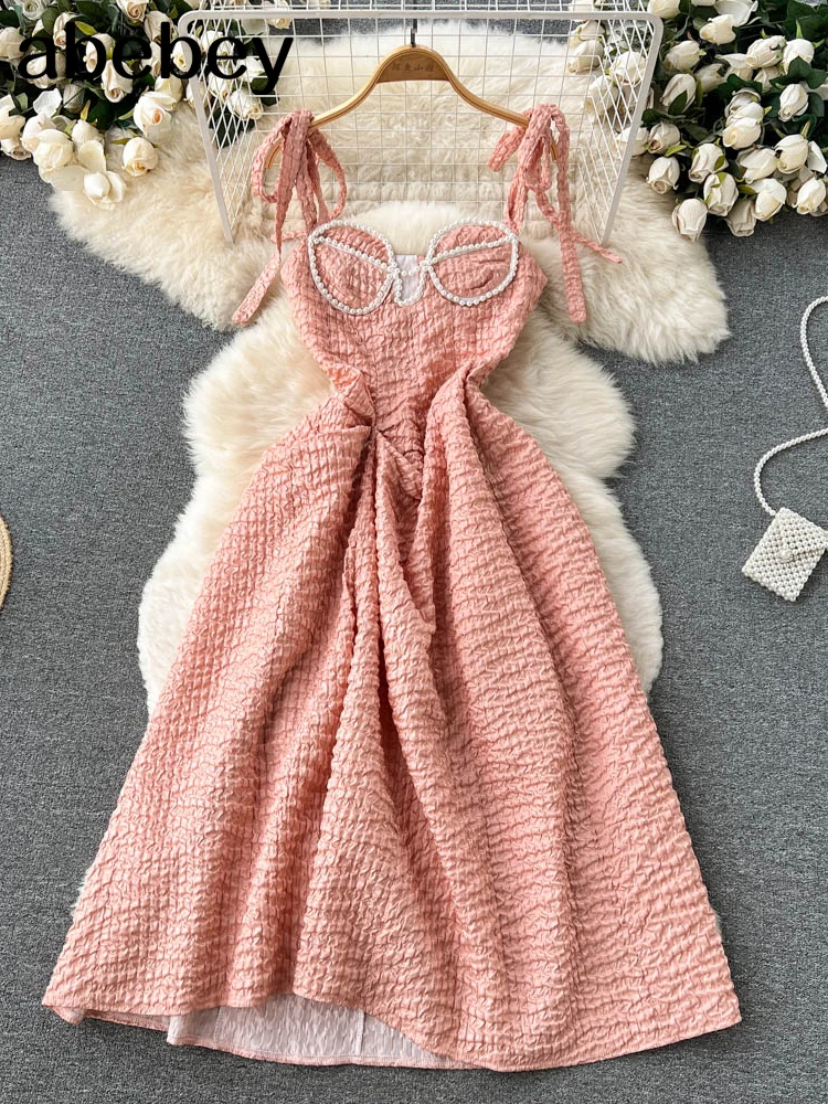 

Elegant Pink Long Dress Women Korean Beading Vintage Gothic Evening Party Dress Summer Casual Hepburn Slim Dress 2022