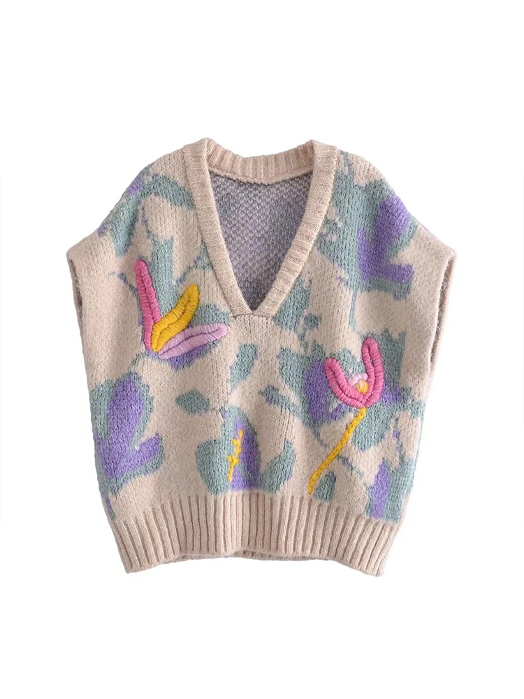 

Women 2022 spring New Fashion embroidery Knitted Vest Sweater Vintage V Neck Sleeveless Female Waistcoat Chic Tops