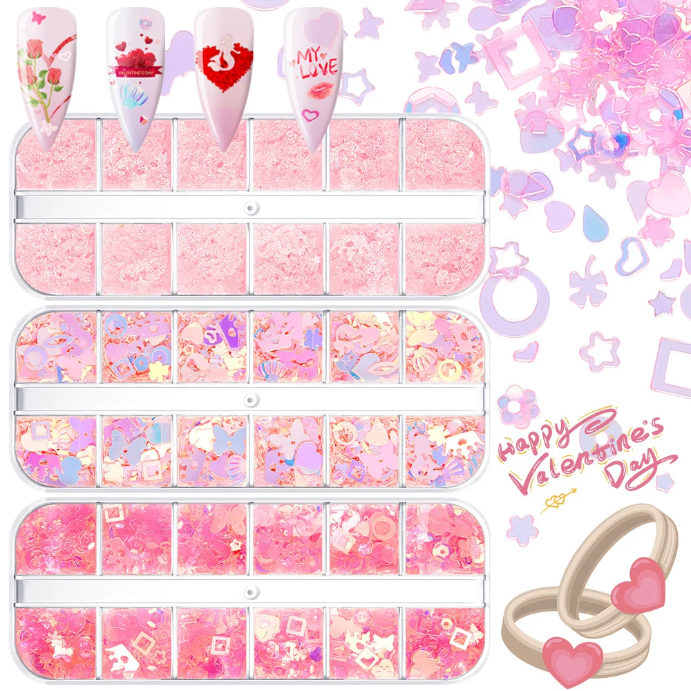 

12 ячеек/штука, смешанный набор, розовое прозрачное сердце, Бабочка, Аксессуары для ногтевого дизайна, блестящее милое искусство, украшение