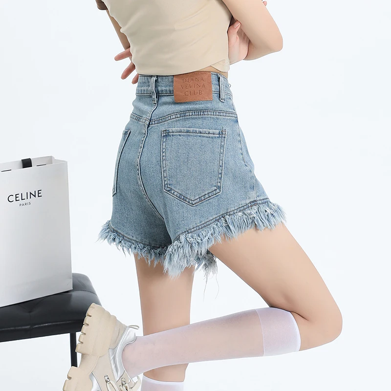 Loose Ragged Design A-line Denim Shorts Elastic High Waist Short Jeans Wide Leg Pocket Tassel Shorts Casual Summer Chic Clothes