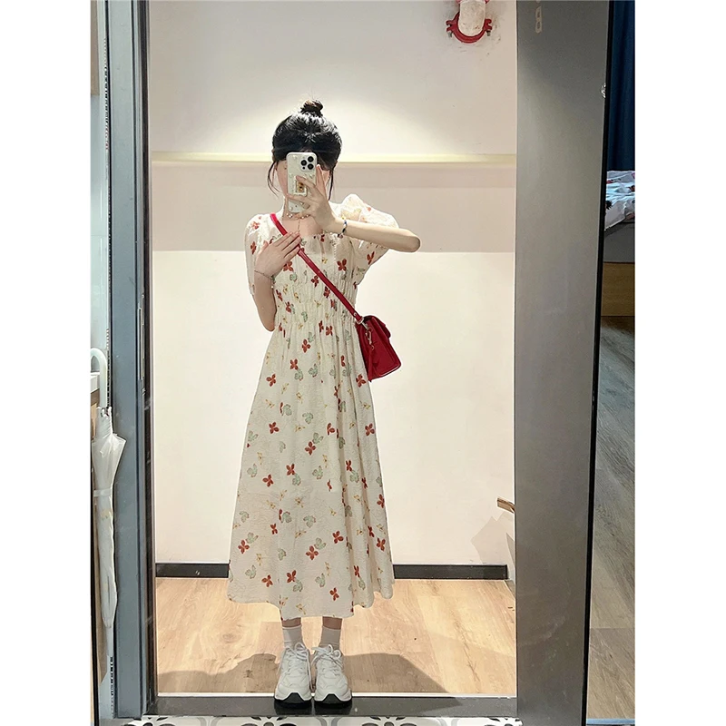 

Элегантное летнее милое женское платье с квадратным вырезом и цветочным принтом с пышными рукавами в стиле преппи, трапециевидный сарафан в Корейском стиле, облегающее миди-платье