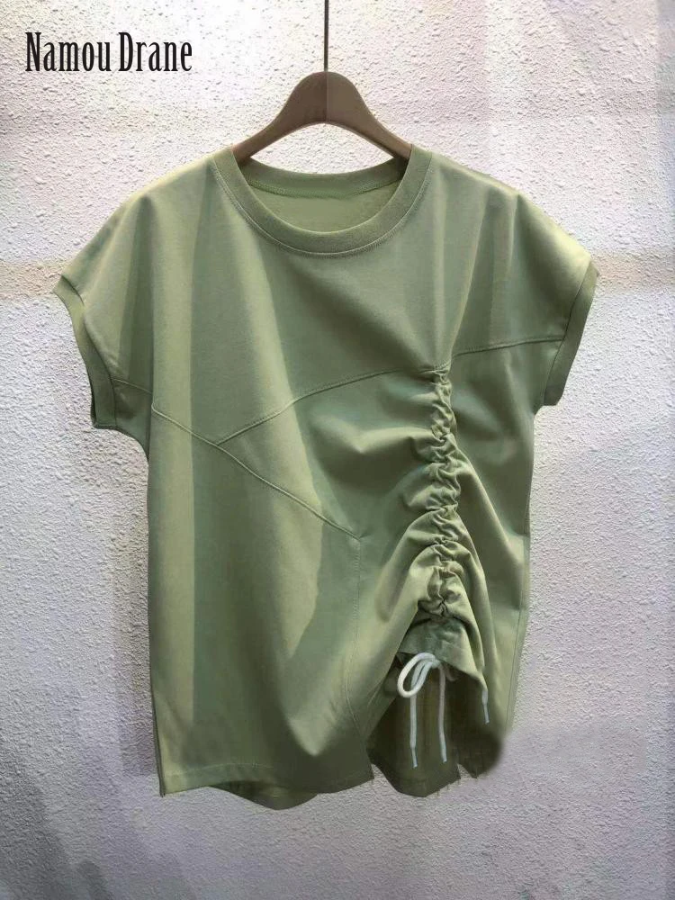 

Namou Drane Korean Version of The 2022 Summer New Women's Round Collar Side Pleated Lace Loose T-shirt Women